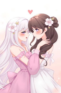 A heartwarming scene of two beautiful females in a close embrace, gazing lovingly into each other's eyes