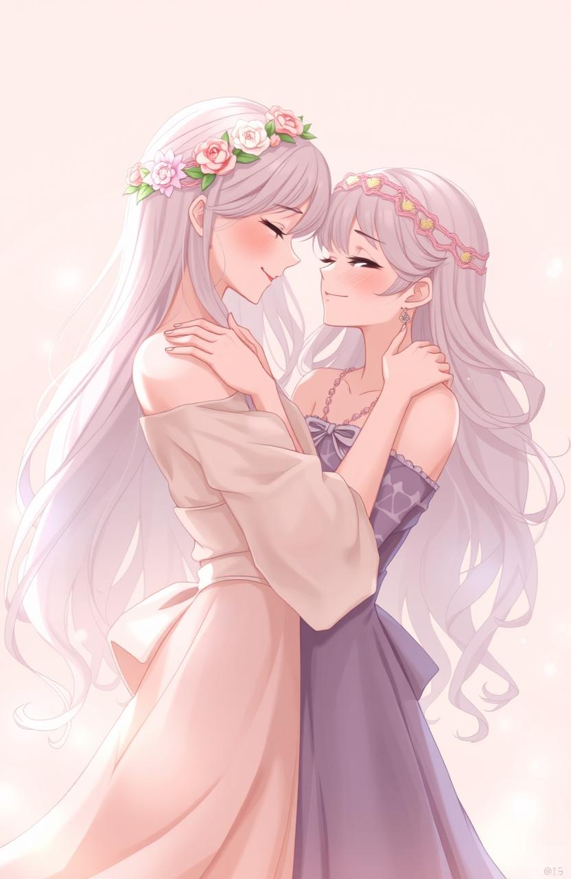 A heartwarming scene of two beautiful females in a close embrace, gazing lovingly into each other's eyes
