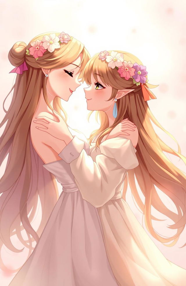 A heartwarming scene of two beautiful females in a close embrace, gazing lovingly into each other's eyes