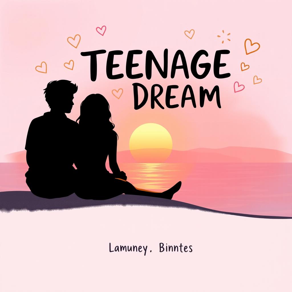 A romantic book cover for a teenage love story featuring two silhouettes of teenagers sitting together, gazing at a captivating sunset over the ocean