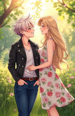 A heartwarming 2D illustration depicting a butch femme and a straight female gazing lovingly into each other's eyes