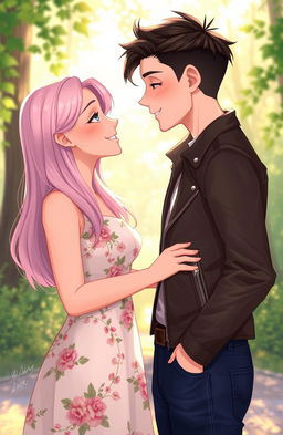 A heartwarming 2D illustration depicting a butch femme and a straight female gazing lovingly into each other's eyes