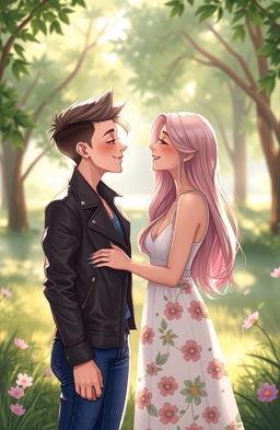 A heartwarming 2D illustration depicting a butch femme and a straight female gazing lovingly into each other's eyes