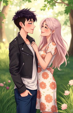 A heartwarming 2D illustration depicting a butch femme and a straight female gazing lovingly into each other's eyes