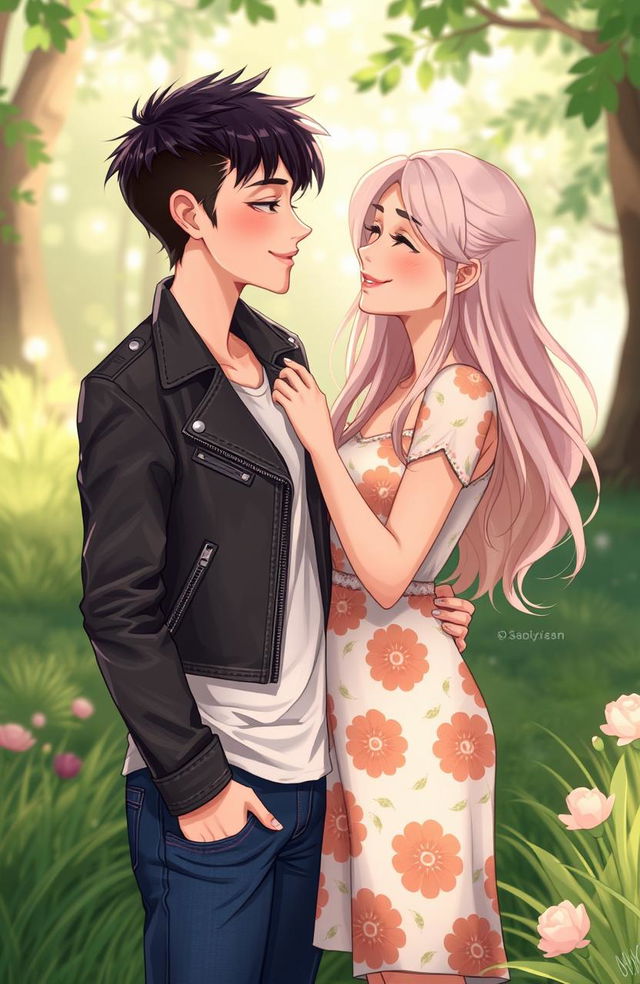 A heartwarming 2D illustration depicting a butch femme and a straight female gazing lovingly into each other's eyes