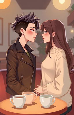 A heartwarming 2D illustration depicting a butch female and a straight female engaged in a loving gaze across from each other