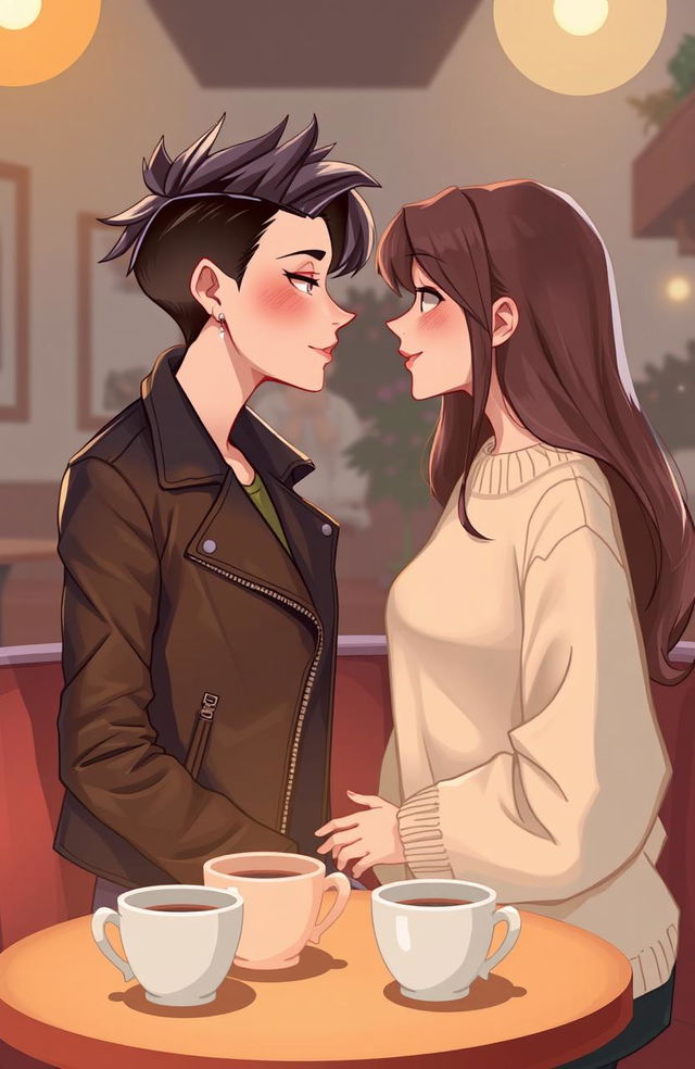 A heartwarming 2D illustration depicting a butch female and a straight female engaged in a loving gaze across from each other