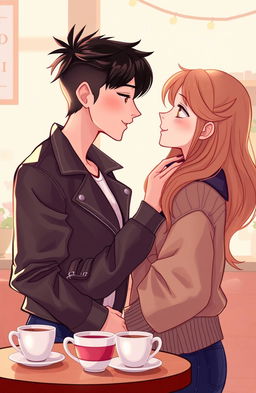 A heartwarming 2D illustration depicting a butch female and a straight female engaged in a loving gaze across from each other