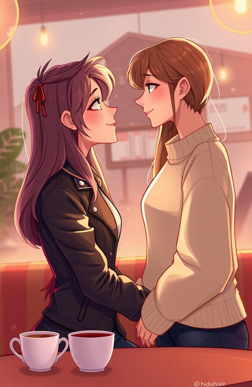 A heartwarming 2D illustration depicting a butch female and a straight female engaged in a loving gaze across from each other
