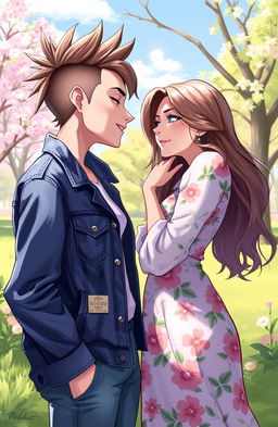 A vibrant 2D illustration capturing a heartfelt moment between a butch femme and a straight female, both women gazing lovingly into each other's eyes