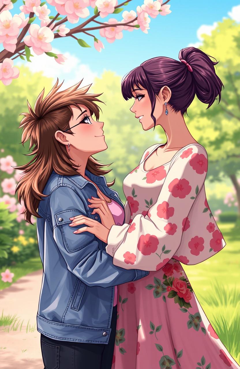 A vibrant 2D illustration capturing a heartfelt moment between a butch femme and a straight female, both women gazing lovingly into each other's eyes