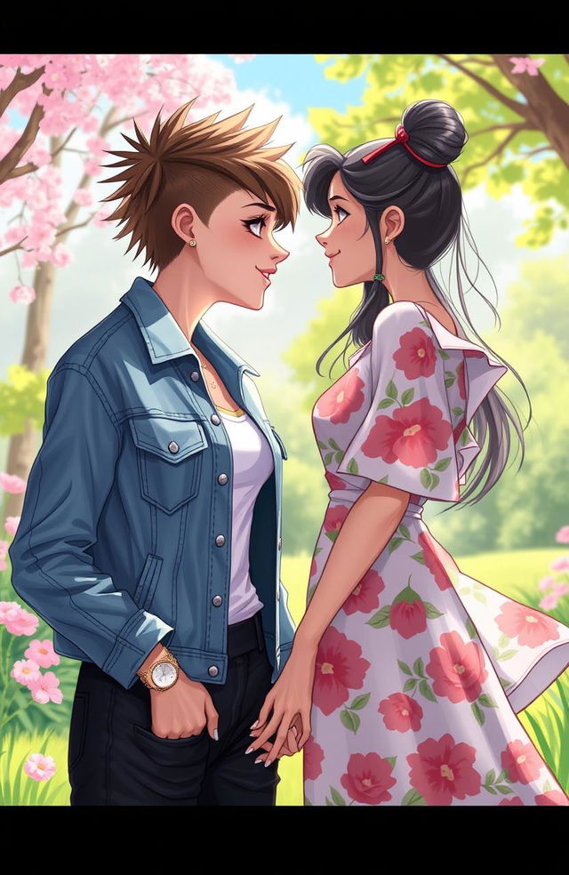A vibrant 2D illustration capturing a heartfelt moment between a butch femme and a straight female, both women gazing lovingly into each other's eyes