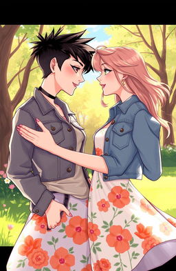 A vibrant 2D illustration capturing a heartfelt moment between a butch femme and a straight female, both women gazing lovingly into each other's eyes