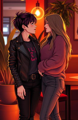 A tender moment between a butch femme and a straight female, both gazing lovingly into each other's eyes