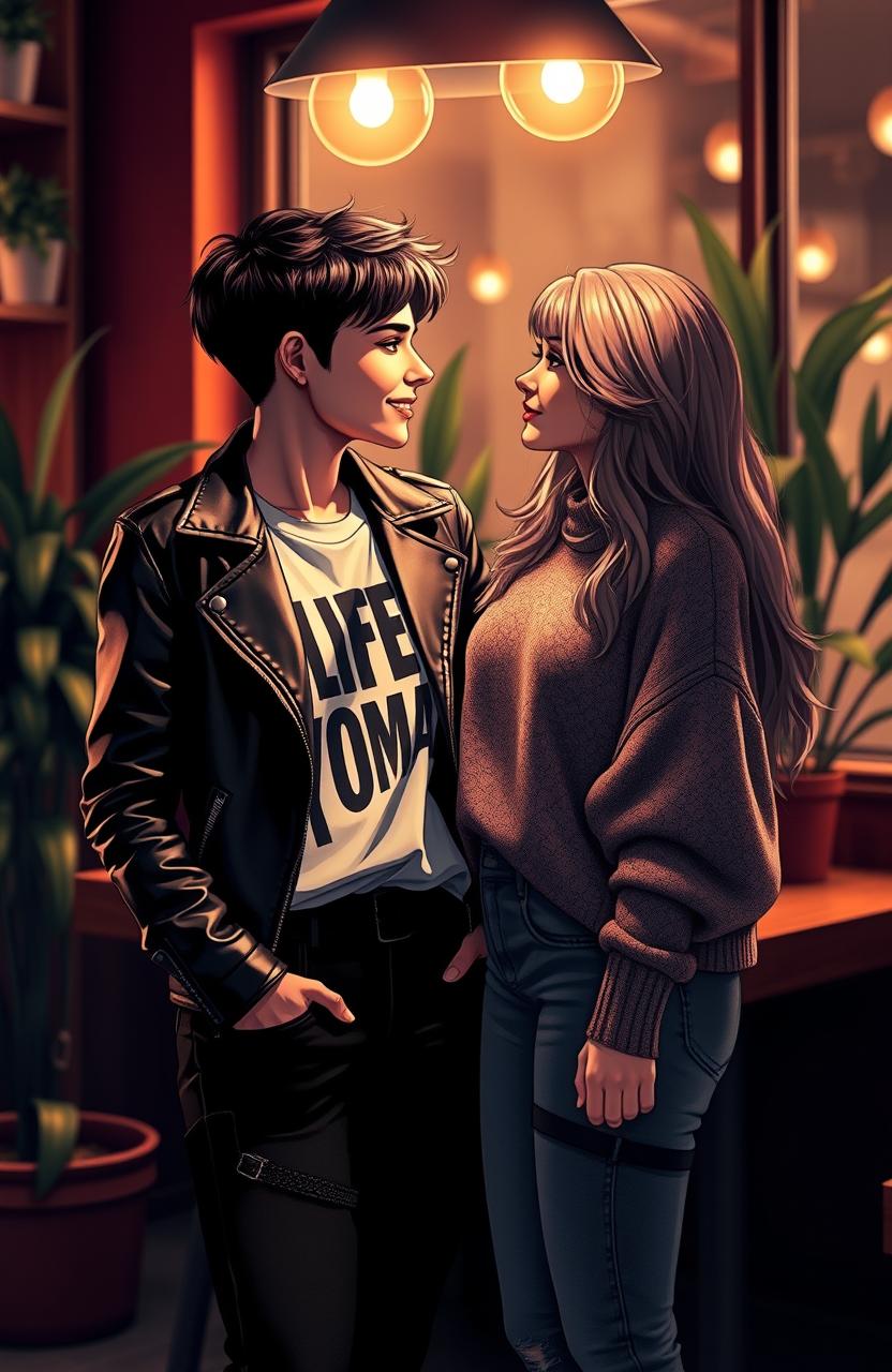 A tender moment between a butch femme and a straight female, both gazing lovingly into each other's eyes