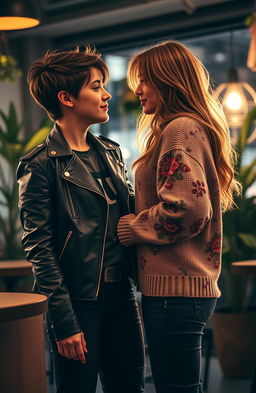 A tender moment between a butch femme and a straight female, both gazing lovingly into each other's eyes