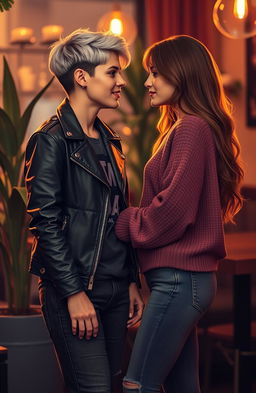 A tender moment between a butch femme and a straight female, both gazing lovingly into each other's eyes