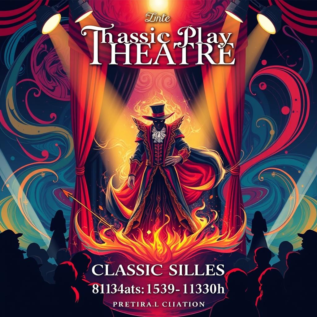A vibrant and eye-catching theatre poster design, featuring an imaginative and artistic representation of a classic play