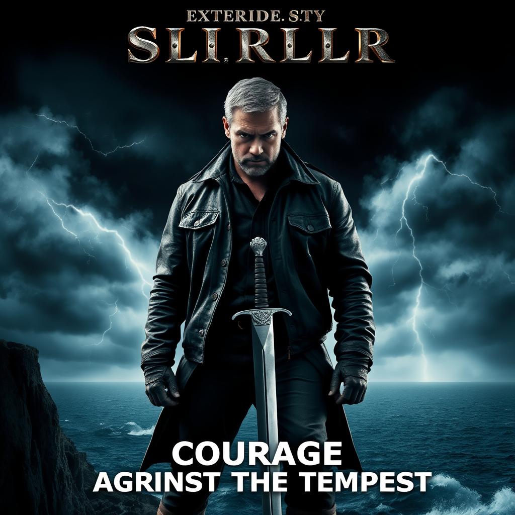 A dramatic movie poster featuring an intense, brooding hero standing on a cliff overlooking a stormy sea