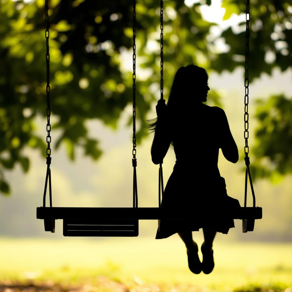 A swing set in the foreground, slightly off-center to the left, with swings gently swaying in the breeze