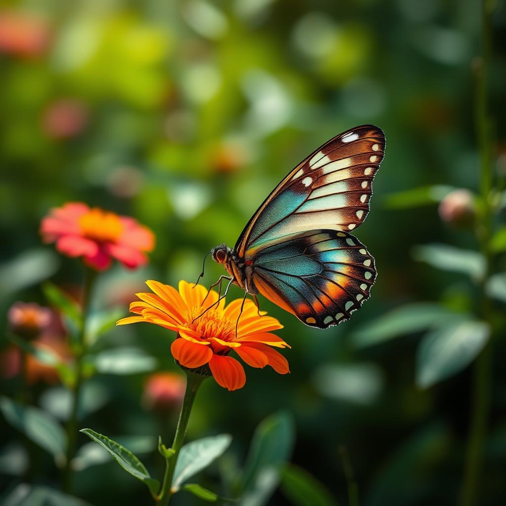 A stunning, realistic butterfly perched delicately on a vibrant flower in a lush green forest