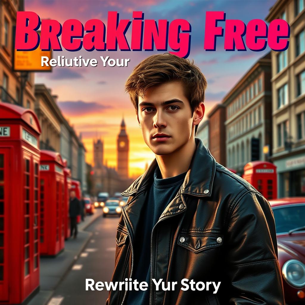 1980s UK film poster for 'Breaking Free', featuring Christopher, a young man in his 20s with determined eyes; he stands on a bustling London street, surrounded by iconic 1980s elements like red telephone boxes and vintage cars
