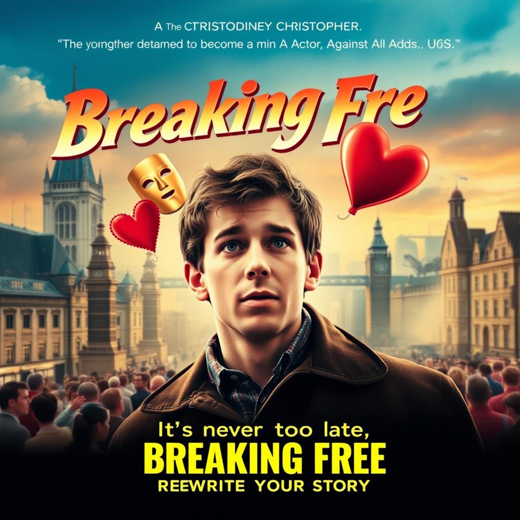 A vintage 1980s film poster for 'Breaking Free', depicting the extraordinary journey of Christopher, a young man determined to become an actor against all odds