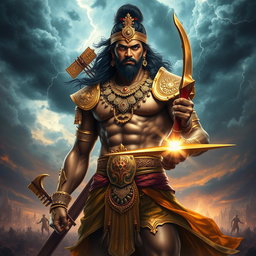 A majestic and powerful depiction of the character Karna from Hindu mythology, standing proudly in his golden armor and adorned with intricate jewelry