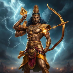 A majestic and powerful depiction of the character Karna from Hindu mythology, standing proudly in his golden armor and adorned with intricate jewelry