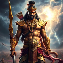 A majestic and powerful depiction of the character Karna from Hindu mythology, standing proudly in his golden armor and adorned with intricate jewelry