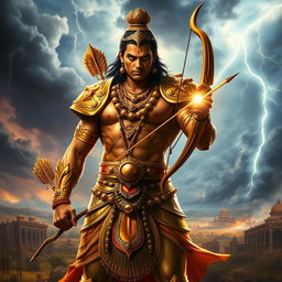 A majestic and powerful depiction of the character Karna from Hindu mythology, standing proudly in his golden armor and adorned with intricate jewelry