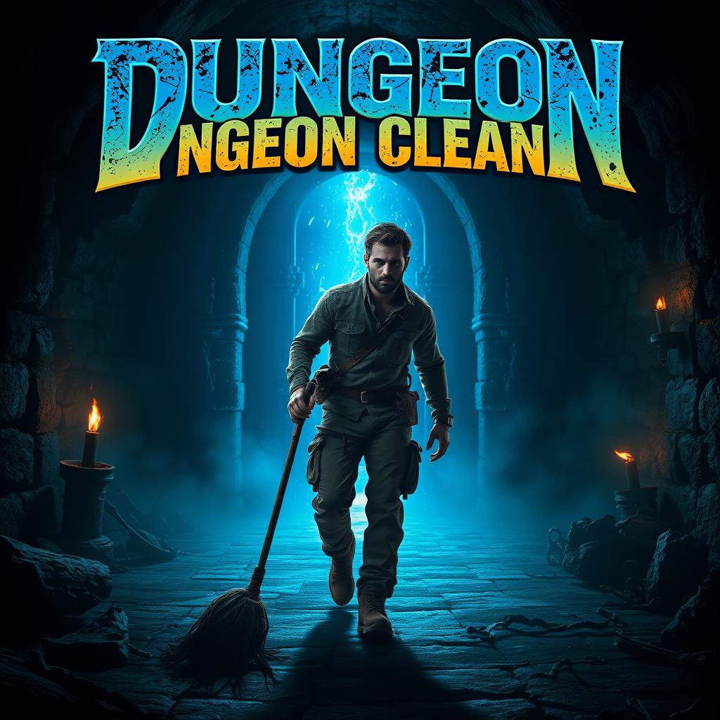 A lone man holding a mop, confidently striding towards a shimmering blue portal that glows with mysterious energy