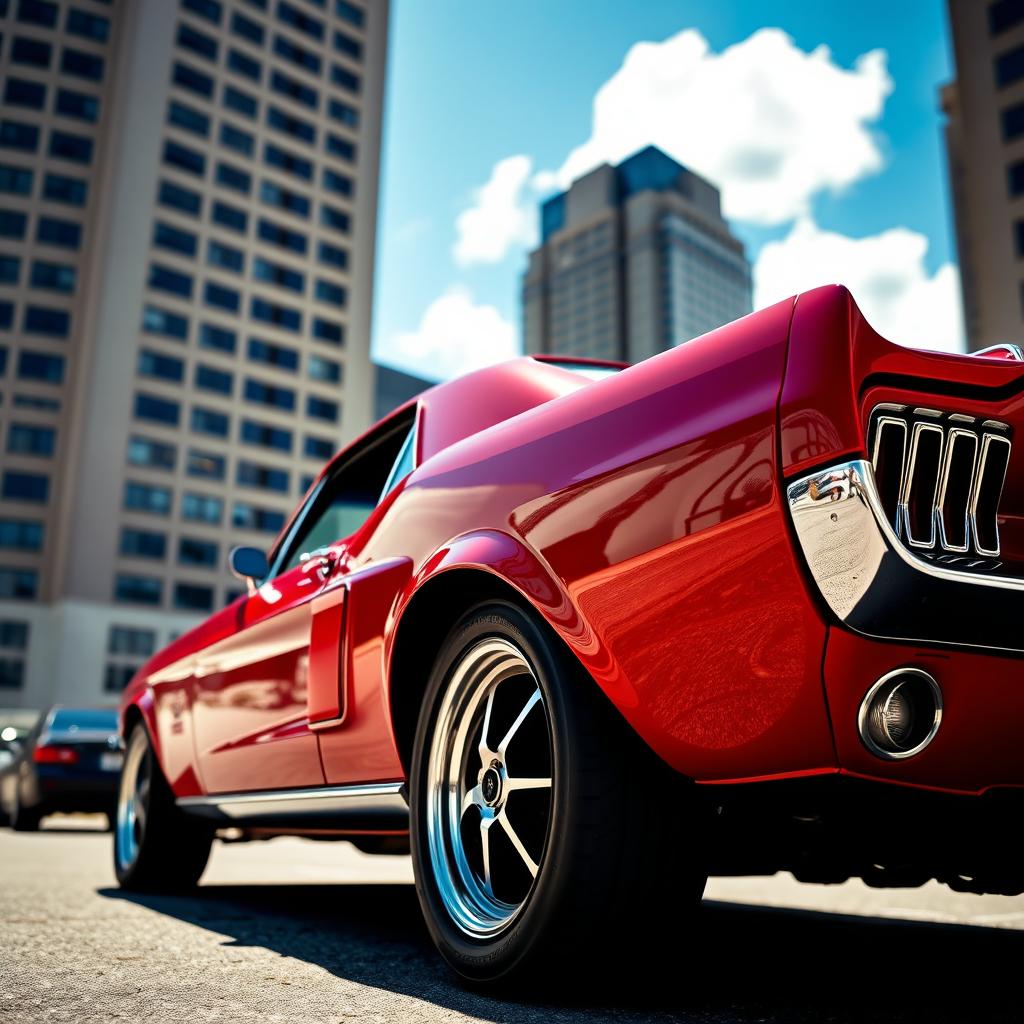 A powerful and sleek 1967 Ford Mustang parked in a sunny urban setting, showcasing its iconic curves and chrome details