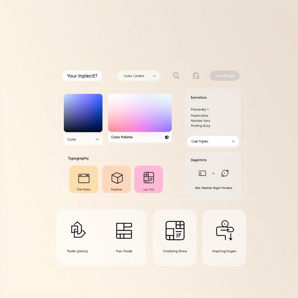 An elegant and modern digital interface displaying a variety of design elements, such as a color palette, typography selections, and graphic symbols