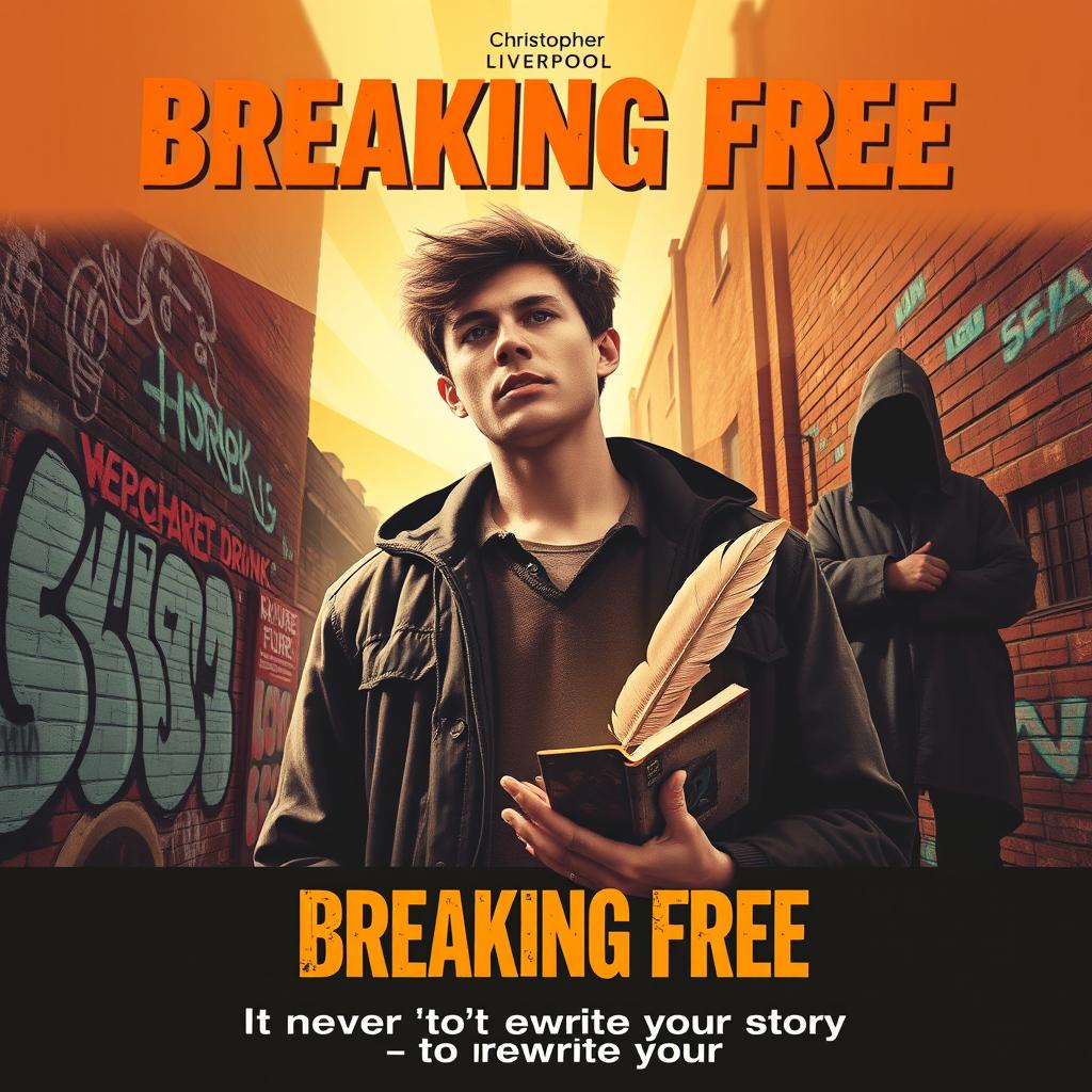 1980s Liverpool film poster for 'Breaking Free', featuring Christopher, a young man with determination, set against a gritty urban backdrop that reflects his tough upbringing
