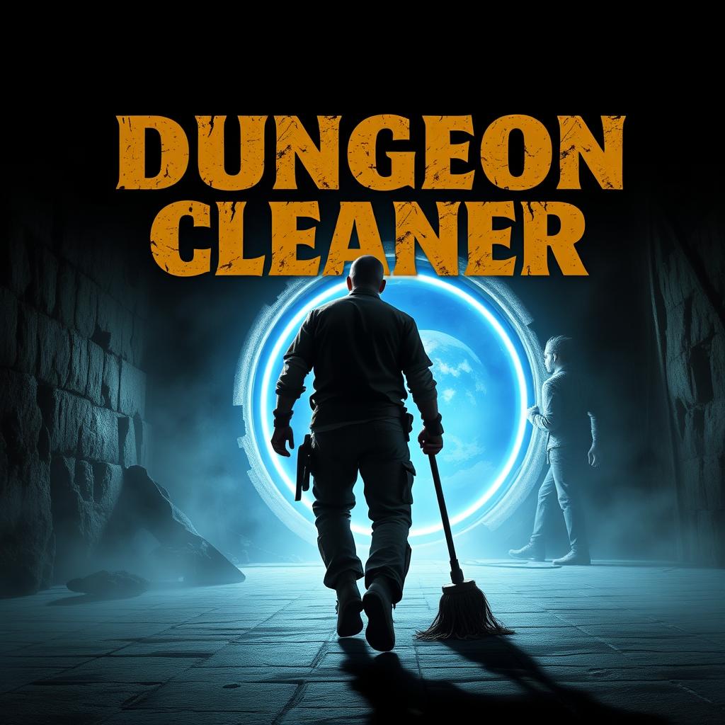 A suspenseful scene featuring a man wielding a mop, striding purposefully towards a glowing blue portal