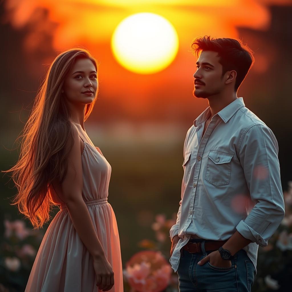 A beautiful scene capturing the essence of unspoken love, featuring two individuals standing on opposite sides of a glowing sunset