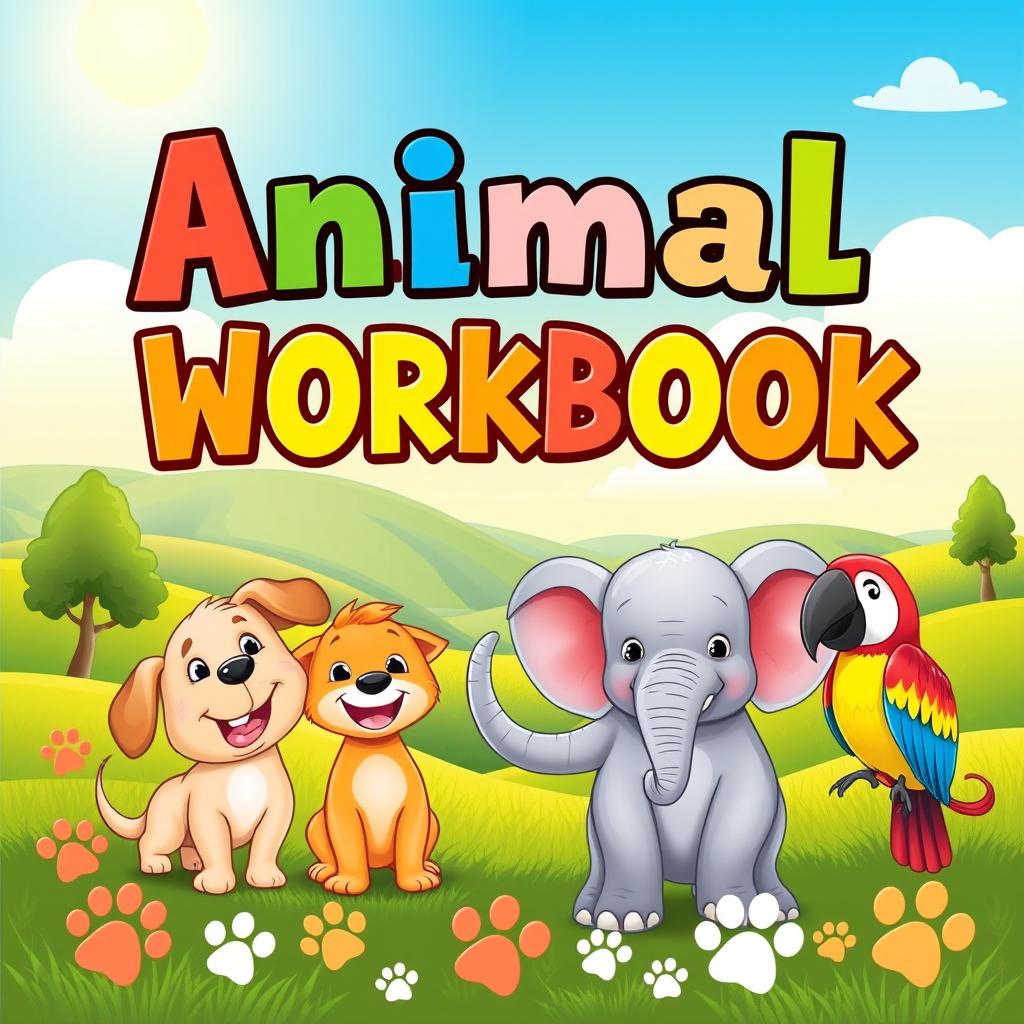 An eye-catching workbook cover for children centered around animals, featuring adorable cartoon animals like a playful puppy, a cheerful kitten, a curious elephant, and a lively parrot
