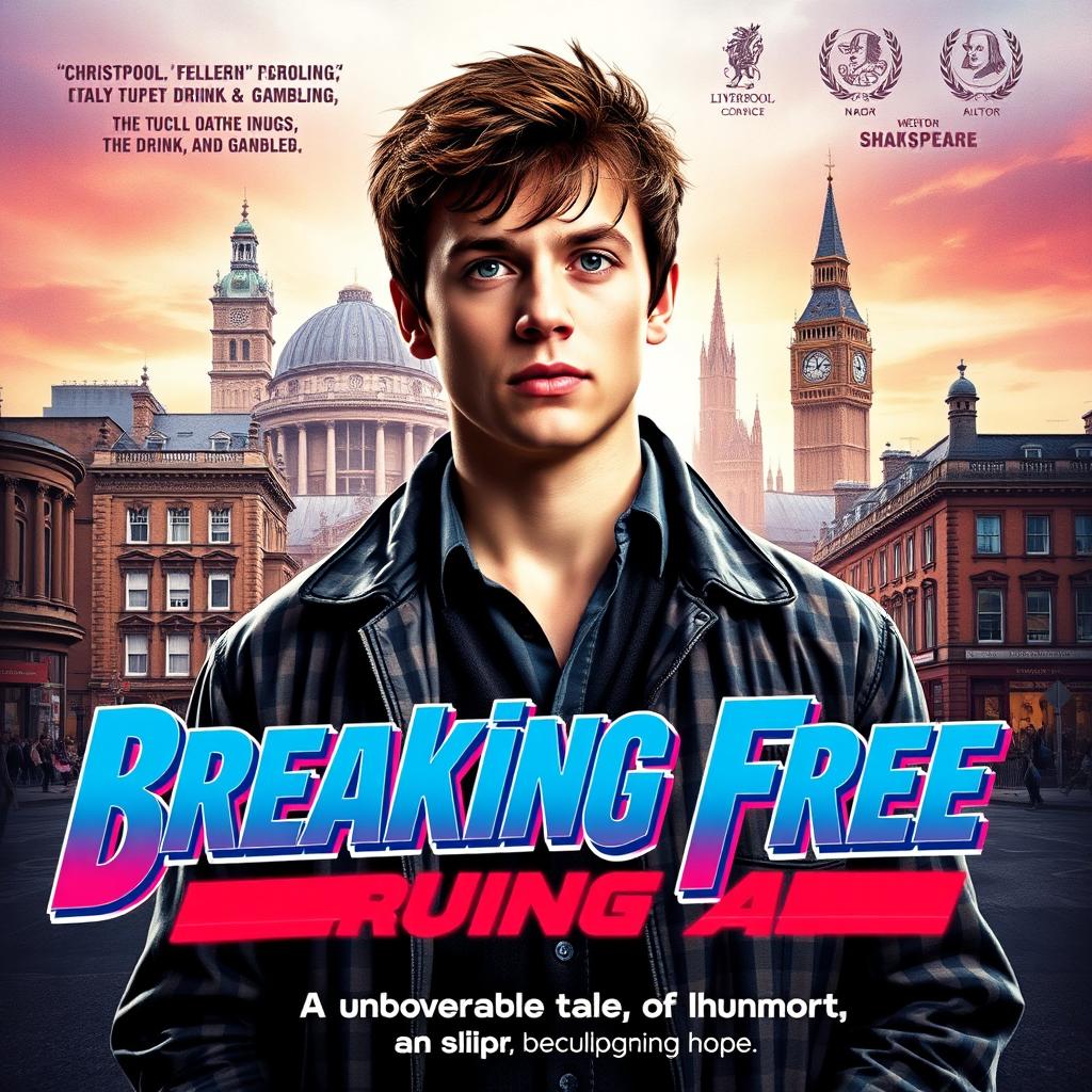 A vibrant 1980s style film poster for 'Breaking Free', featuring Christopher, a young man with a determined expression, standing in front of iconic Liverpool landmarks