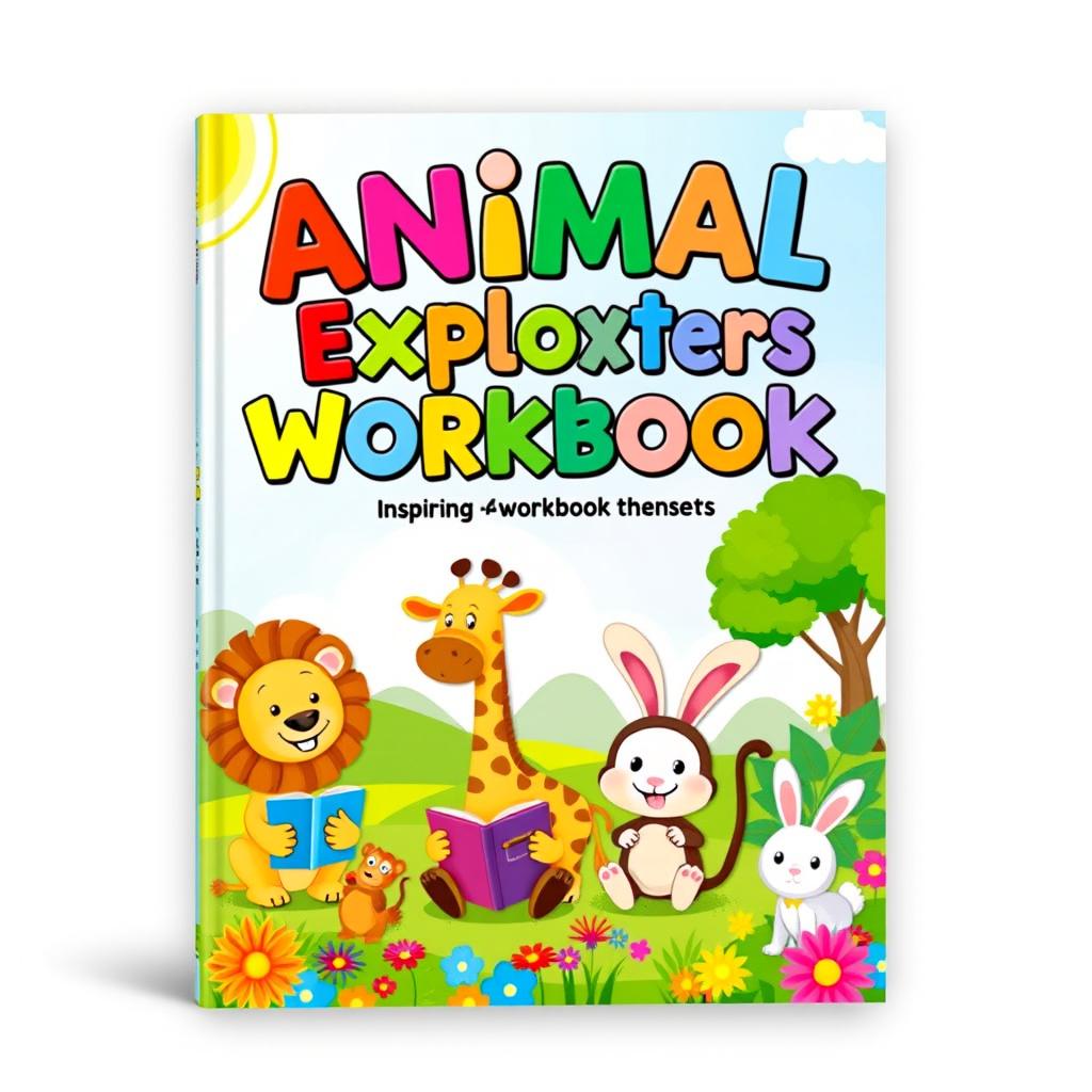 A colorful and inspiring workbook cover for children themed around animals, designed for sale on Amazon
