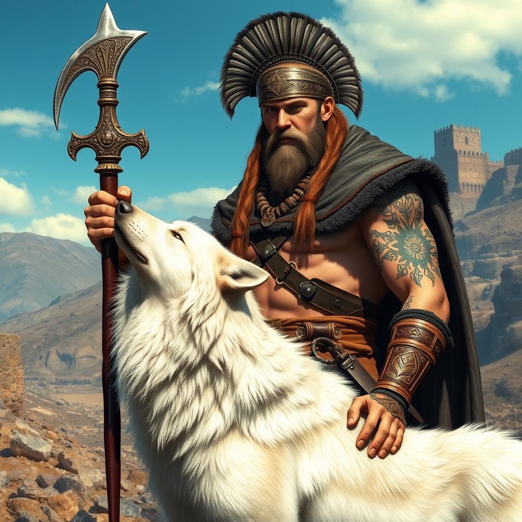 A fierce Dacian warrior in traditional armor, prominently displaying a decorative falx (sickle sword) in his hand, stands powerfully next to a majestic white wolf with gleaming fur