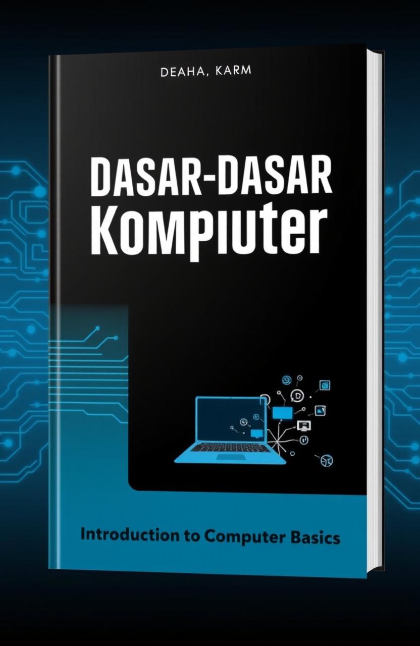 A cover design for a book titled 'Dasar-Dasar Komputer' featuring a sleek, modern aesthetic