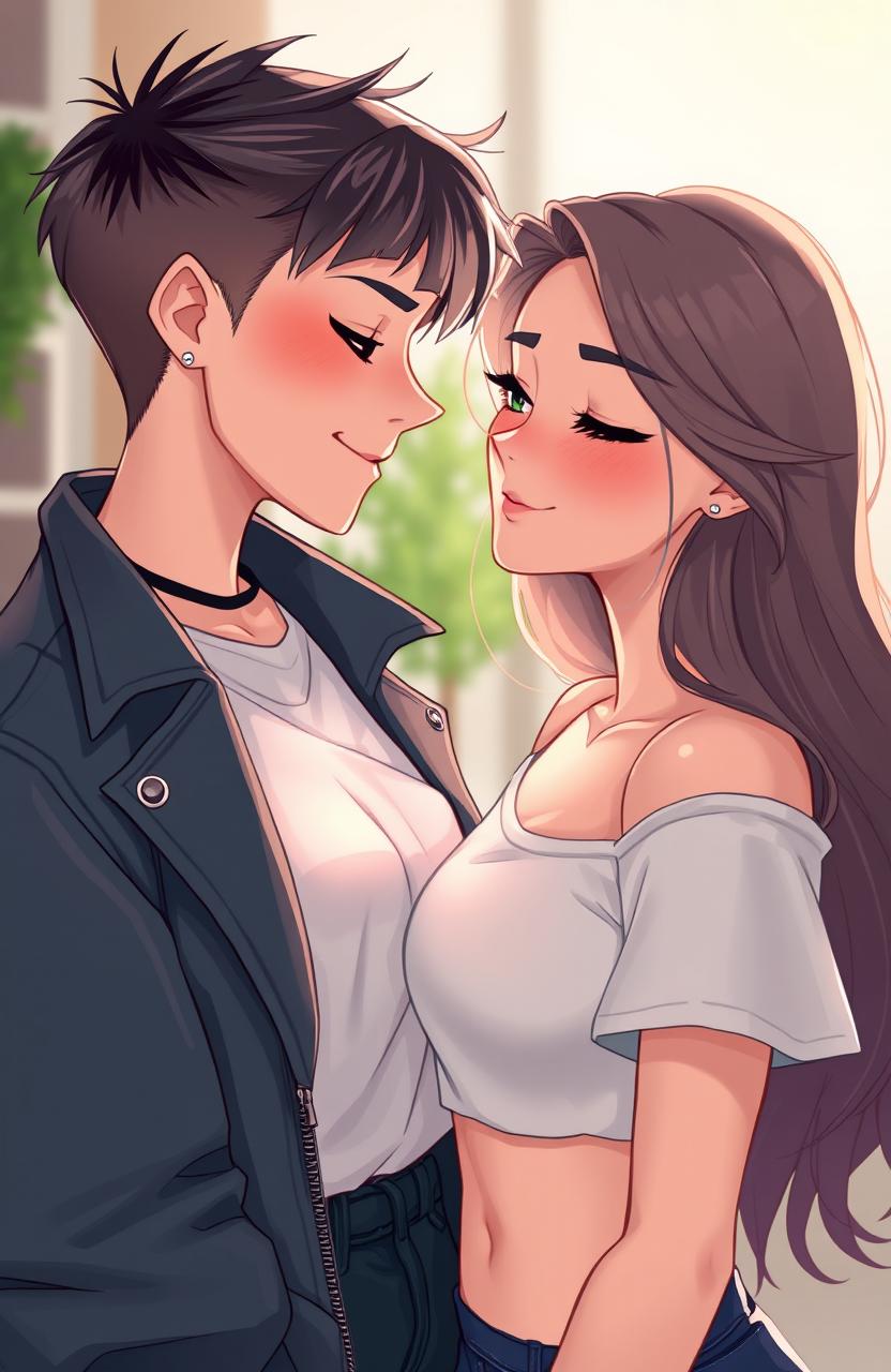 A 2D illustration showcasing a butch female and a straight female gazing lovingly into each other's eyes