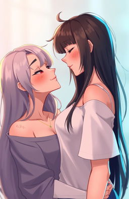 A 2D illustration showcasing a butch female and a straight female gazing lovingly into each other's eyes