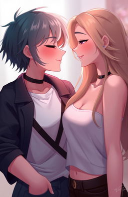 A 2D illustration showcasing a butch female and a straight female gazing lovingly into each other's eyes