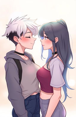 A 2D illustration showcasing a butch female and a straight female gazing lovingly into each other's eyes