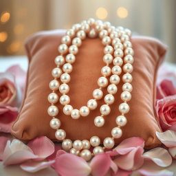 A beautiful, luxurious pearl necklace draped elegantly over a plush velvet cushion