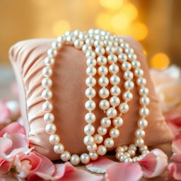 A beautiful, luxurious pearl necklace draped elegantly over a plush velvet cushion