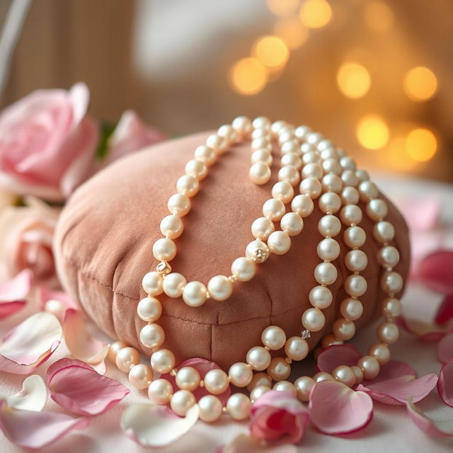 A beautiful, luxurious pearl necklace draped elegantly over a plush velvet cushion