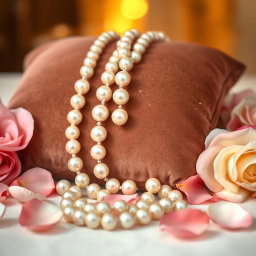 A beautiful, luxurious pearl necklace draped elegantly over a plush velvet cushion